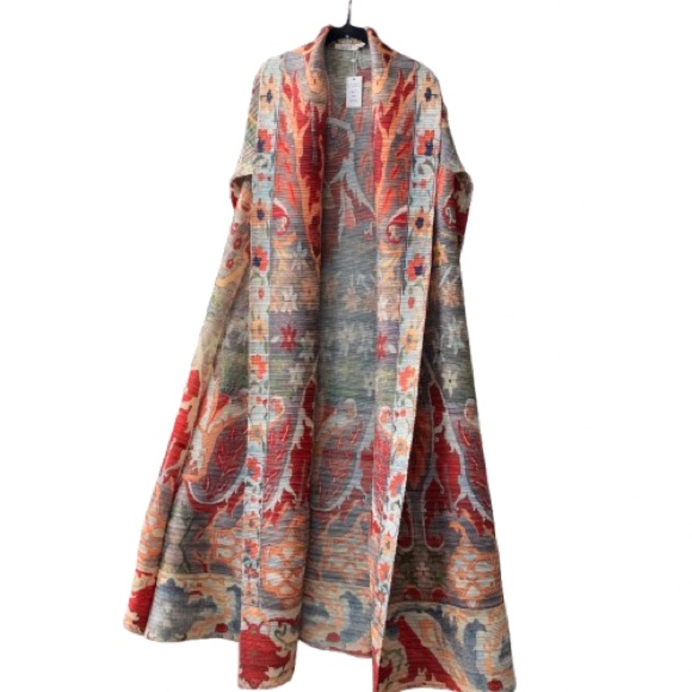 Colorful Pleated Open Abaya Long Cardigan with Belt - Picture 3 of 5